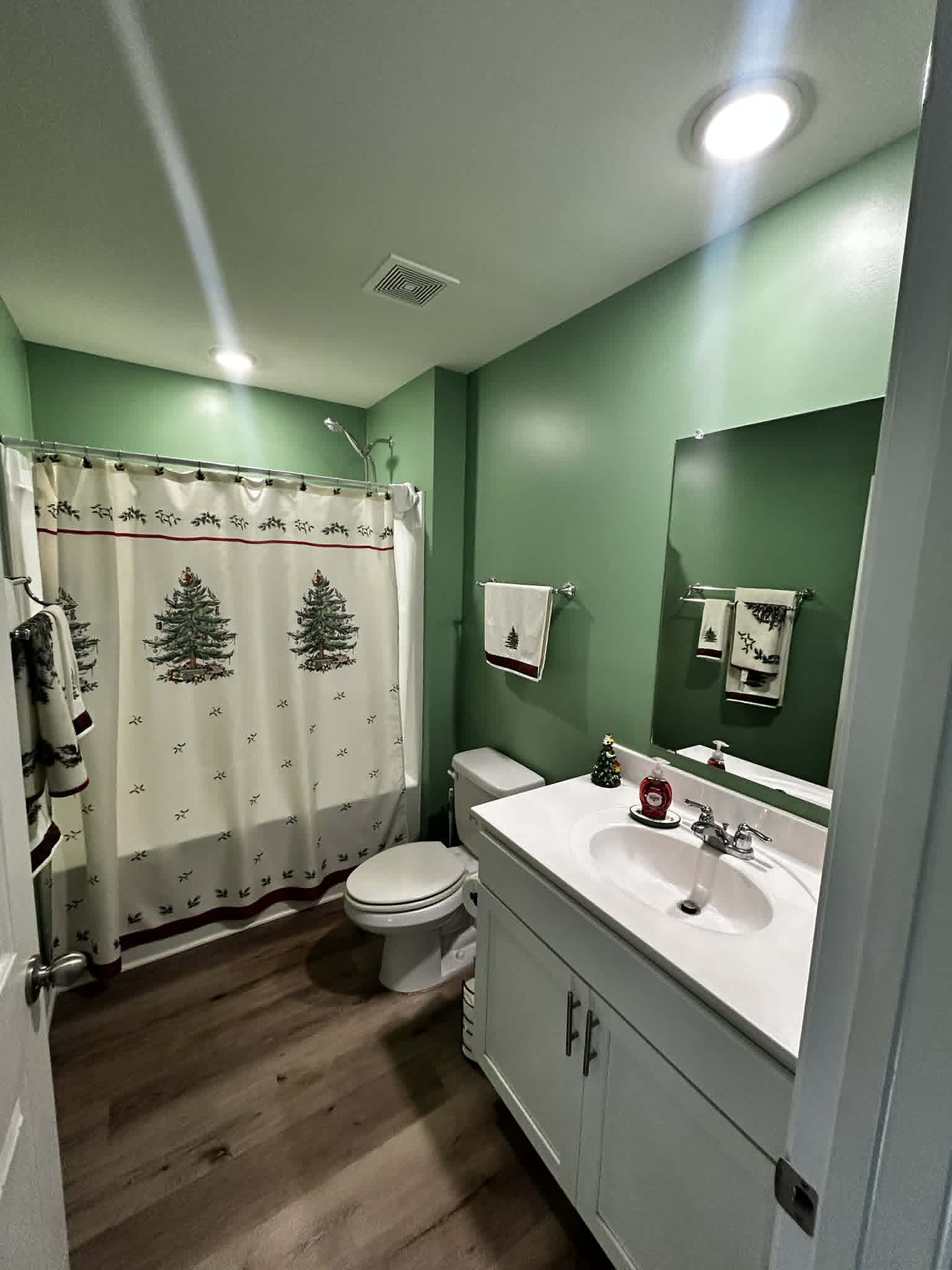 Festive bathroom with green walls, white vanity, and Christmas-themed decor.